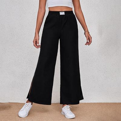 Женские широкие брюки с высокой талией, повседневные, большие размеры, удобные дышащие прямые брюки с разрезом, простые модные свободные черные длинные брюки