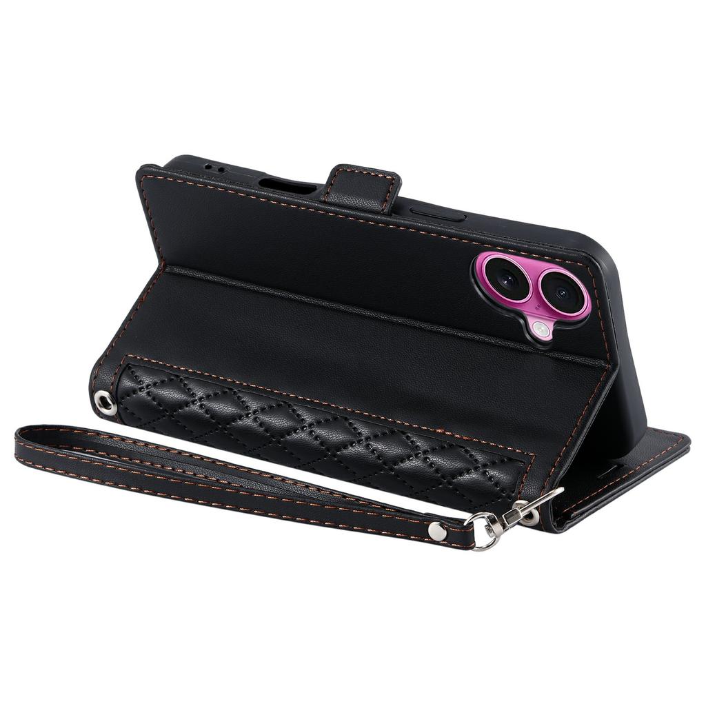 For iPhone 16 Leather Case Rhombus Texture Wallet Stand Phone Cover with Wrist Strap