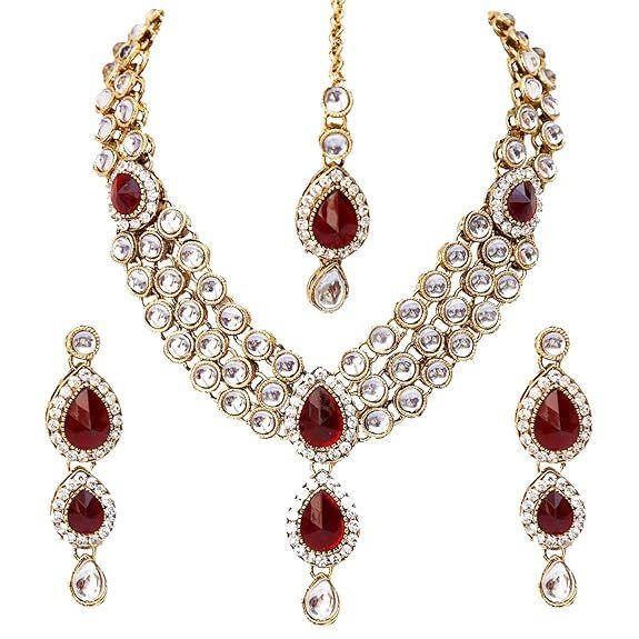 Latest Stylish 18k Gold Plated Traditional Kundan Necklace Jewellery Set for Women