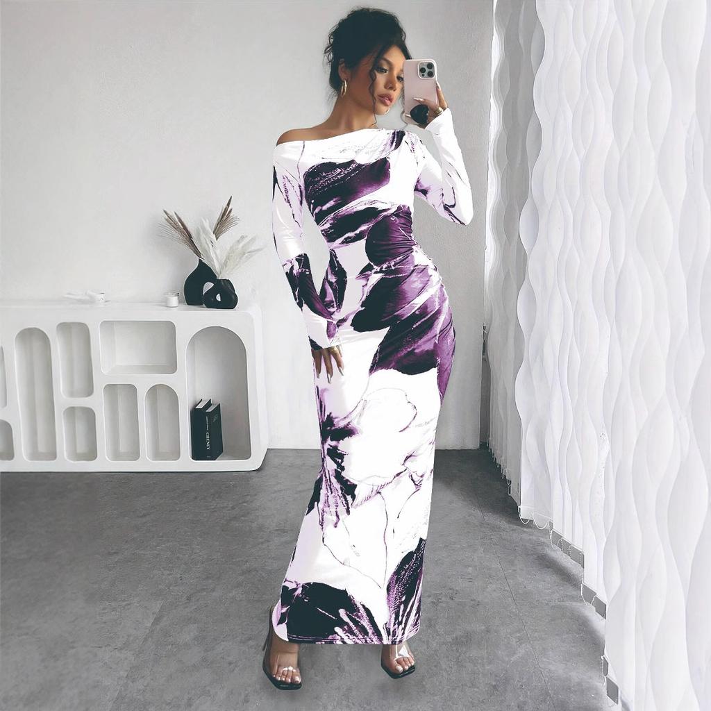 Women's Off-shoulder Slim Dress with Flower Print Tight Casual Long Dress
