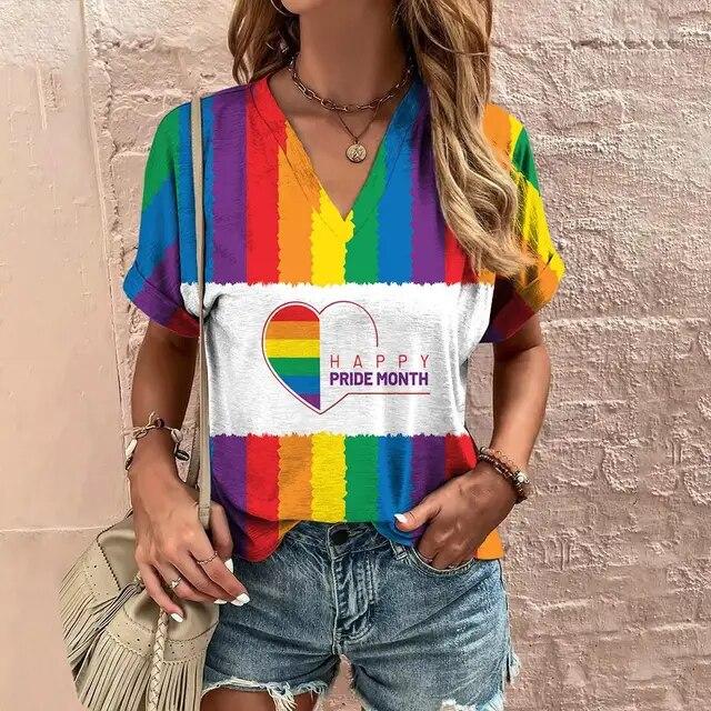 Женская футболка с 3d радужным принтом, топы, модные повседневные футболки с v-образным вырезом, одежда Pride Month, летние женские пуловеры большого размера