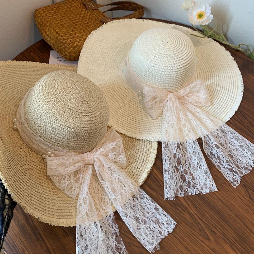 French Style Bow Ribbon Straw Hat Big Brim Women's Sun Hat Elegant Lace Pearls Straw Hat Travel
