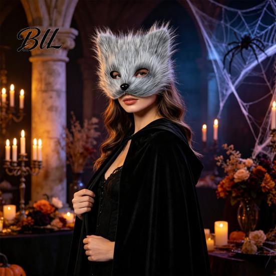 Halloween Beast Girl Outfit Plush Fox Cosplay Mask, Fluffy Tail, Costumes Props, Fuzzy Anime Costume Accessories Mask for Party Convention And