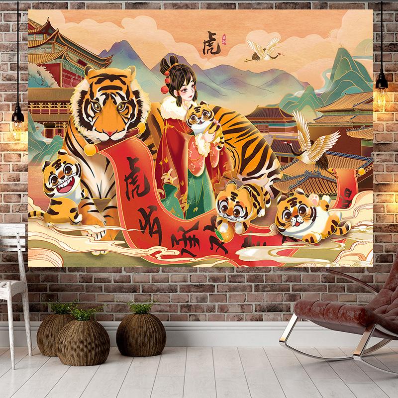 Большой гобелен в китайском стиле в стиле тигра, настенный гобелен с геометрическим рисунком, гобелен в стиле хиппи, домашний декор, эстетическое украшение