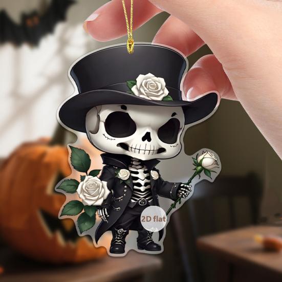 Skeleton Rose Pendant Car Rearview Mirror Ornament Acrylic 2D Bag Pendant Halloween Christmas Decoration Gift for Car Enthusiasts