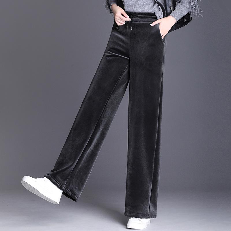 2023 Женские брюки больших размеров с высокой талией и широкими штанинами из золотого бархата на флисовой подкладке - Коллекция Осень/Зима