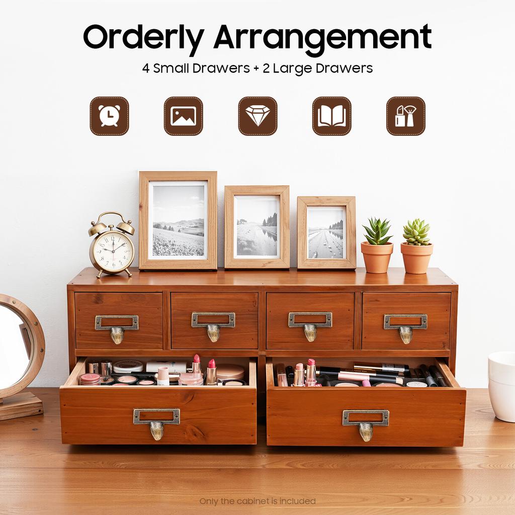 Винтажный 6-ящичный шкаф для хранения, Ретро коричневый деревянный органайзер со слотами для этикеток для офиса, кабинета, спальни, хранения рукоделия и макияжа