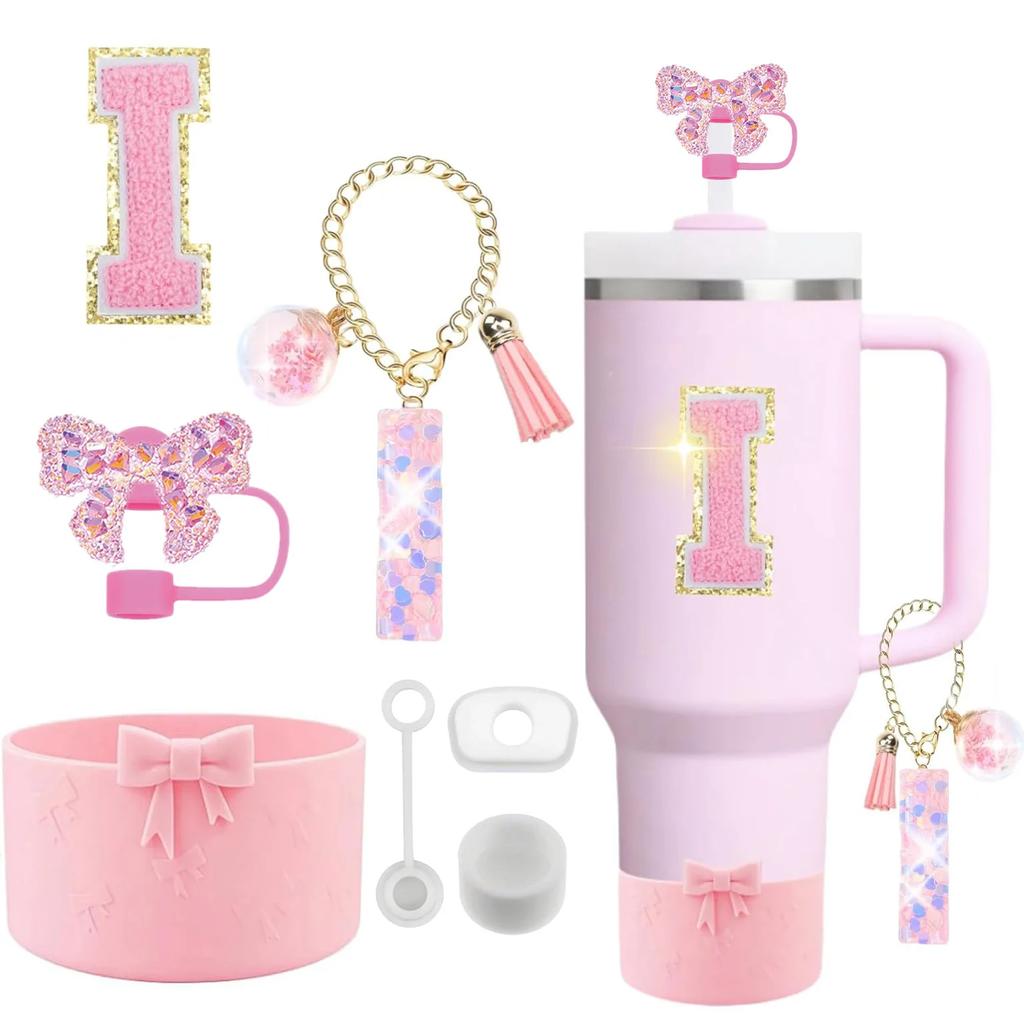 7PCS Pink Accessories for Stanley Cup 30/40 Oz Tumbler with Handle Bow Straw Topper Cover Cap Boot Initials Charm Letter Sticker