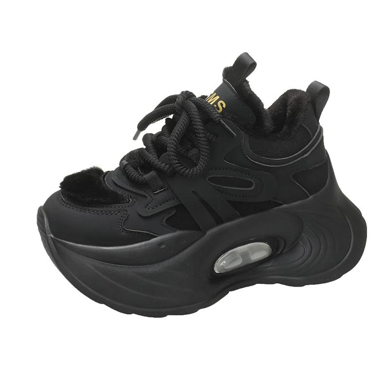 Модные теплые зимние ботинки на платформе 7,5 см, женские зимние кожаные кроссовки на толстом каблуке со шнуровкой, меховые туфли, новые женские спортивные кроссовки