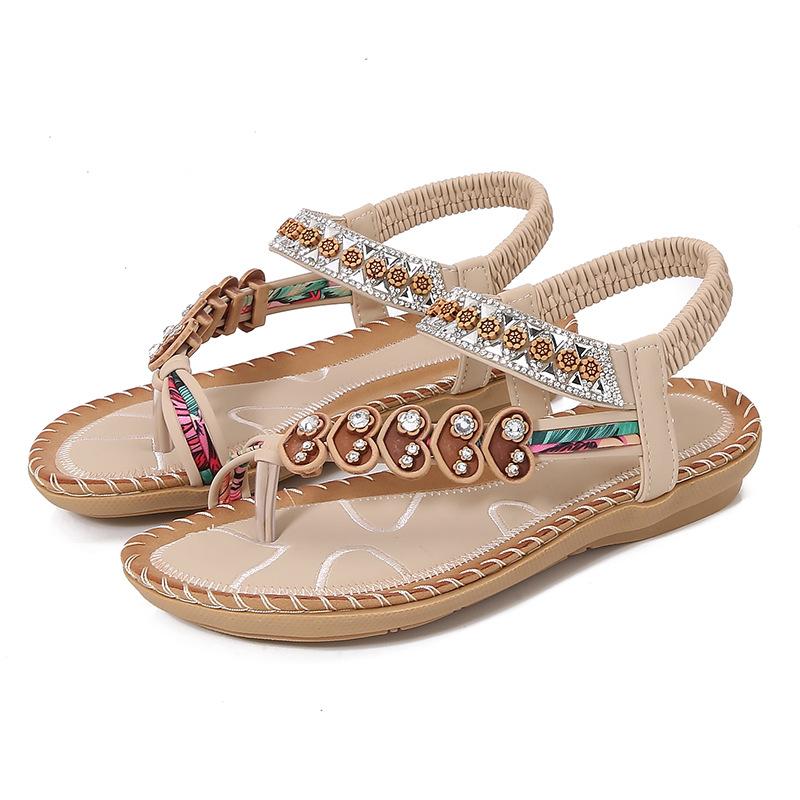 2025 новые босоножки в стиле бохо женские летние стразы ночные плоские подошвы с круглым носком обхватывающие ноги открытые носки классные