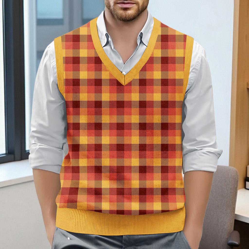 Мужской жилет без рукавов с клетчатым принтом и V-образным вырезом, вязаный джемпер