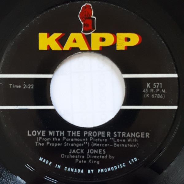 7inch Record JACK JONES - Love With The Proper Stranger K571 Kapp Records 1964 Canada Rock Used