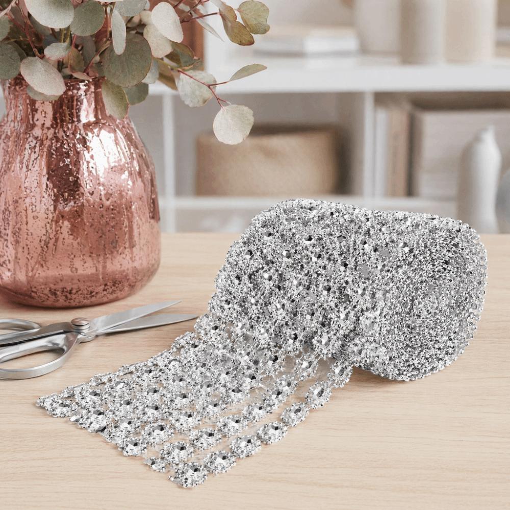 4 Inch Width Rhinestone Ribbon Silver Color Diamond Warp Ribbon Arts And Crafts