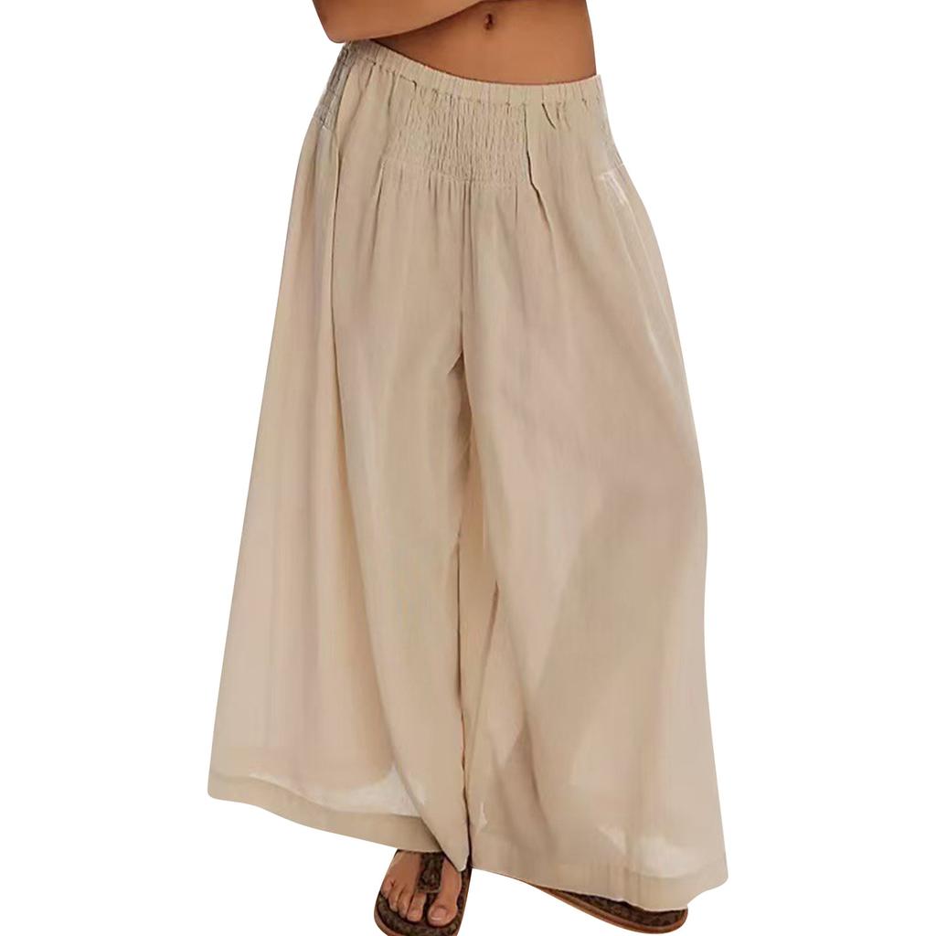 Женские льняные брюки с широкими штанинами, эластичные брюки-палаццо с высокой талией, повседневная свободная одежда для пляжного отдыха с карманами