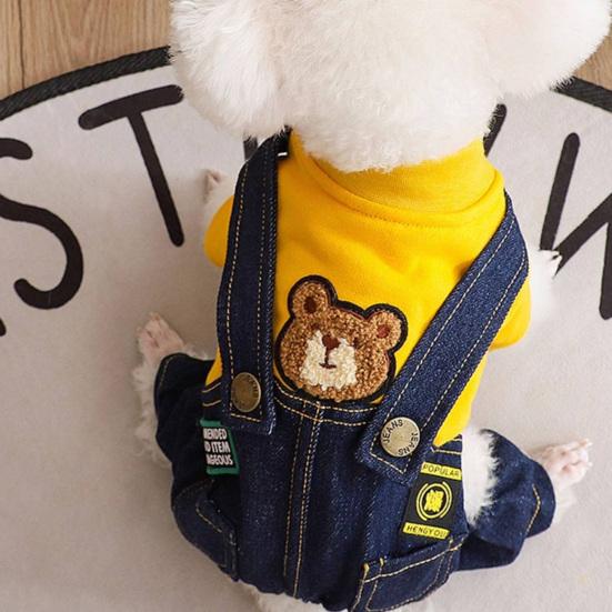 jijijing Stylish Sweatshirt Dog Jumpsuit, Four Legged Outfit, Cute Bear Embroidery, Denim Romper Pants Onesie Clothes for Small Dogs