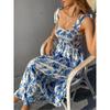Women's Floral Print Tie Strap Midi Dress Square Neck Smocked Bust