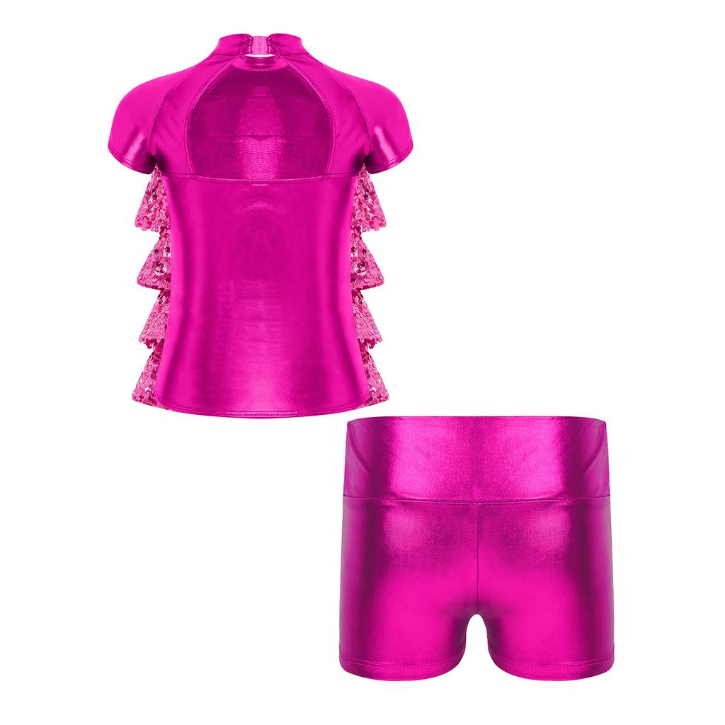 Girls Jazz Dance Costume Mock Neck Short Sleeve Tiered Ruffle Cutout Top Metallic High Waist Shorts Set