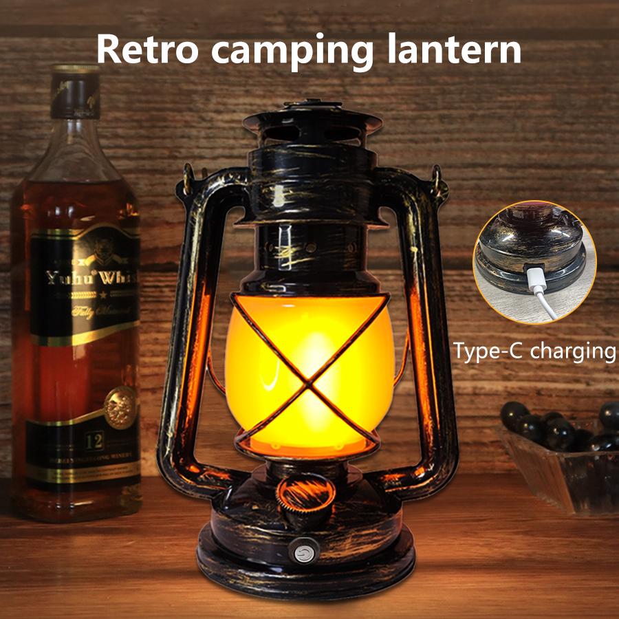 USB Rechargeable Vintage Style LED Camping Light Lightweight Horse Lantern Hanging Tent Light Outdoor Use Kerosene 3 Lighting Modes Lighting