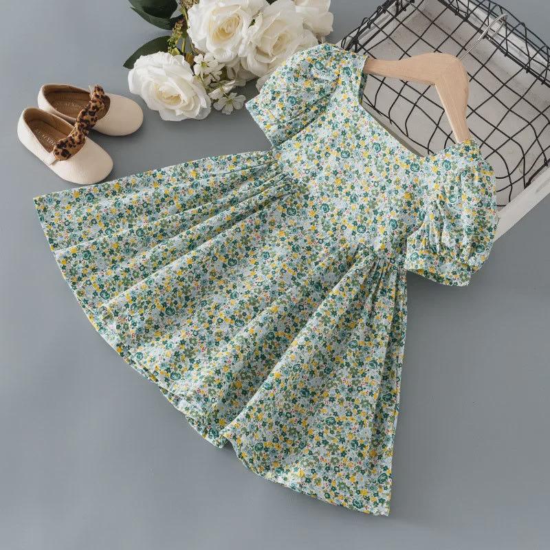 Летнее платье принцессы с цветочным принтом: Короткий рукав из хлопка в корейском стиле для девочек