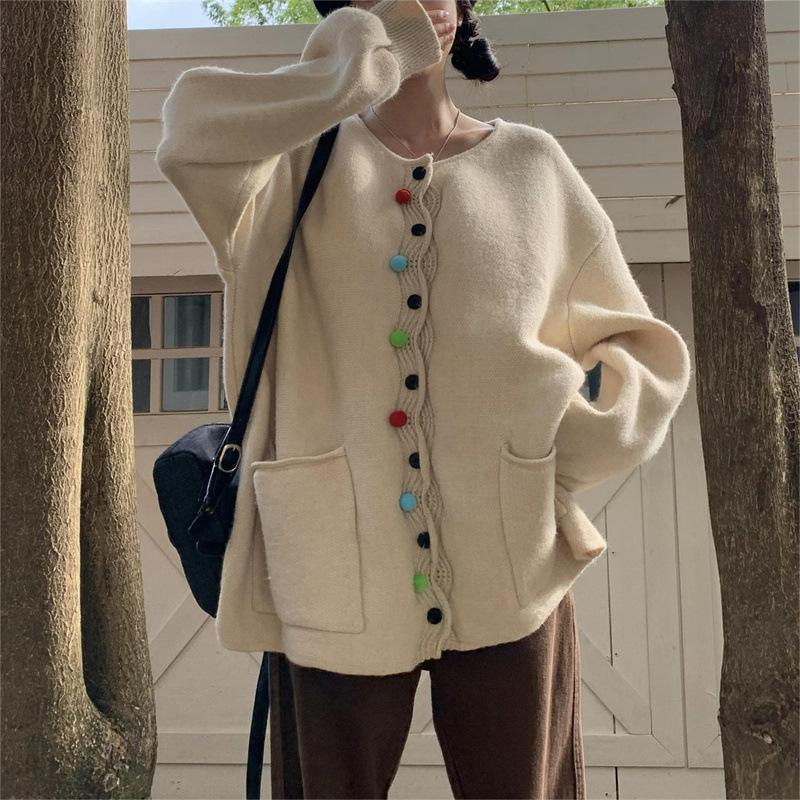 Зима плюс размер осень женский цветной блок свитер винтажное пальто с волнистыми краями куртка вязание оверсайз повседневный стиль свободный кардиган свитер