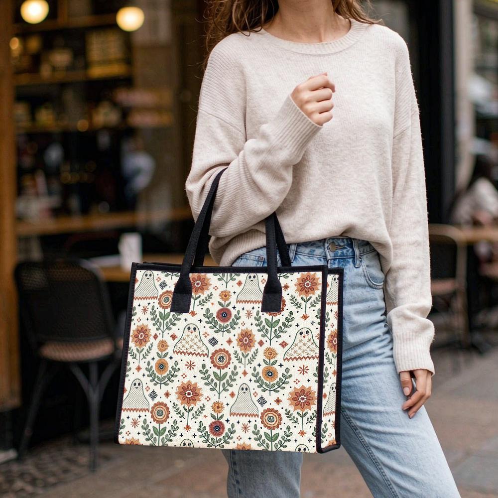 Cute Floral Ghost Print Tote Bag for Daily Shopping Commuting Casual Lightweight Carryall Bag