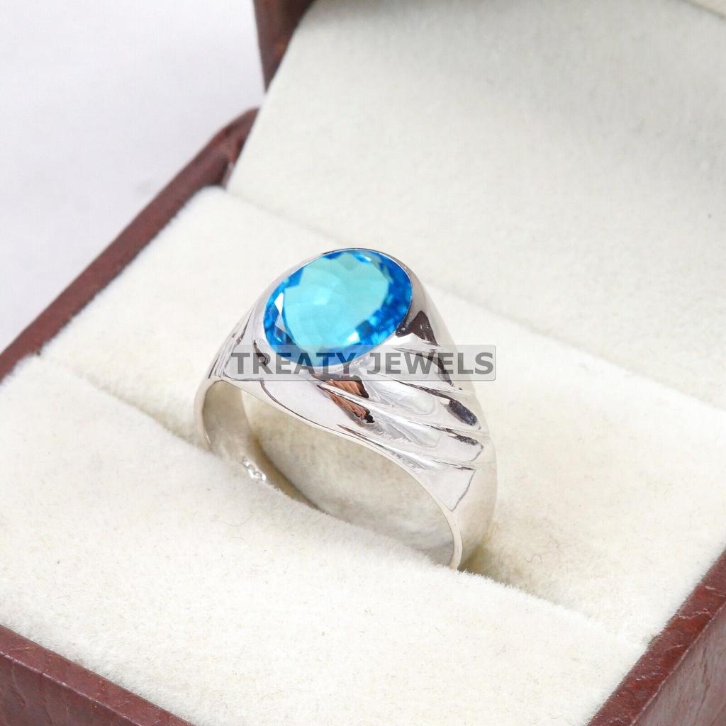 Blue Topaz Oval Cut Gemstone With 925 Sterling Silver Ring For Men's #A896 JL375669058336