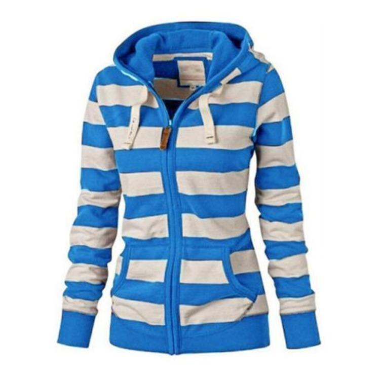 Зимняя мода Женское худи Пальто Полосатый принт Длинные рукава Кулиска Карманы Застежка-молния Толстовка Куртка Осень Зима