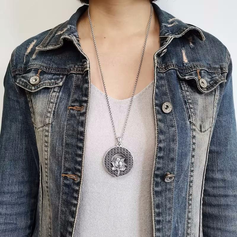 Classic Lotus Lucky Buckle Pendant For Women Jewelry Trendy 925 Silver Sweater Chain Long Necklace Retro Ethnic Men Necklace