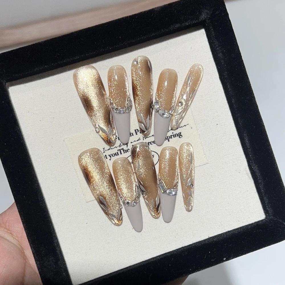 10Pcs Handmade Cat Eye Gradient Long Coffin Stiletto Press On Nails With Glitter Diamond Pearl Flower Bowknot Decorations