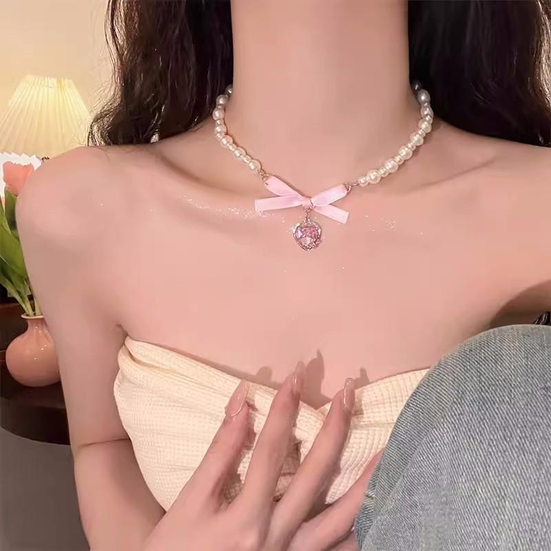 iF ME Ожерелье с розовым цирконием и бантом в форме сердца, сладкий искусственный жемчуг, колье-цепочка из бисера для женщин, ювелирные аксессуары