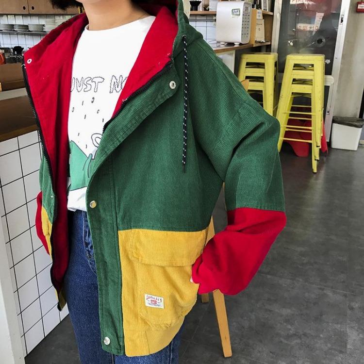 Women Hooded Corduroy Jacket Streetwear Patchwork Coat Autumn Windbreaker Outerwear Brand