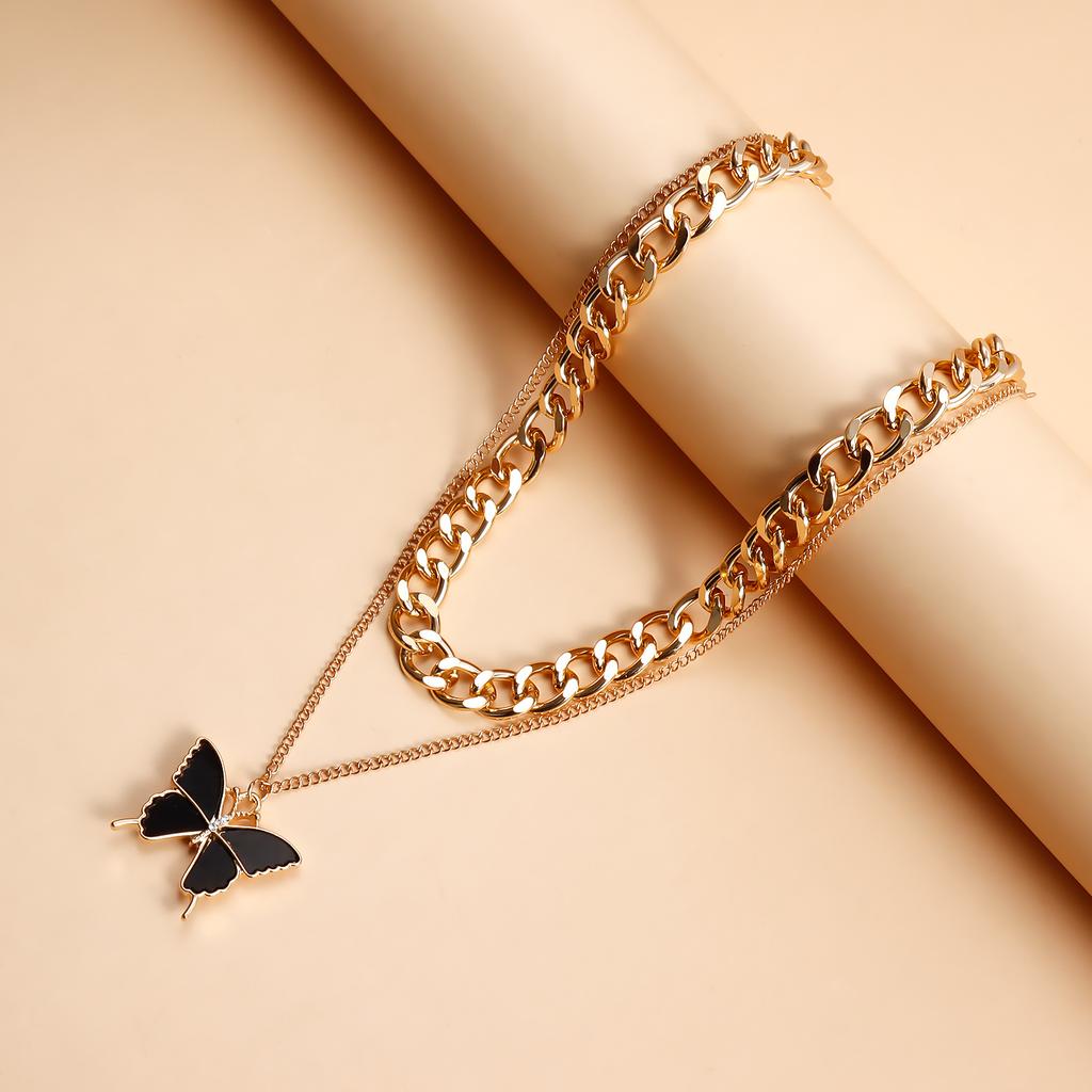 Accessories, Double Black Butterfly Imitation Fritillary Necklace For Women, Temperament Metal Coarse Aluminum Chain Necklace