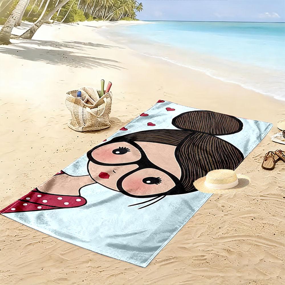 Cute Cartoon Girl with Hearts Beach Towel Quick-drying for Travel Outdoor Sports Jogging Beach and Swimming