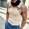 Men Square Neck Sleeveless Knitted Vest Strap Up Fitted Tank Tops