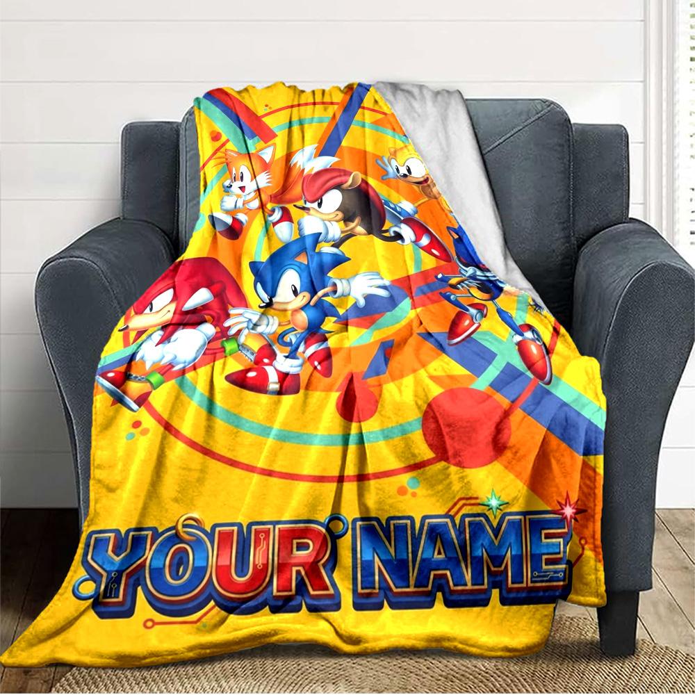 Name Custom Super Blue Hedgehog Print Flannel Blanket High Quality Warm Comfortable Cover for All Seasons Perfect for Gifts Home Decor
