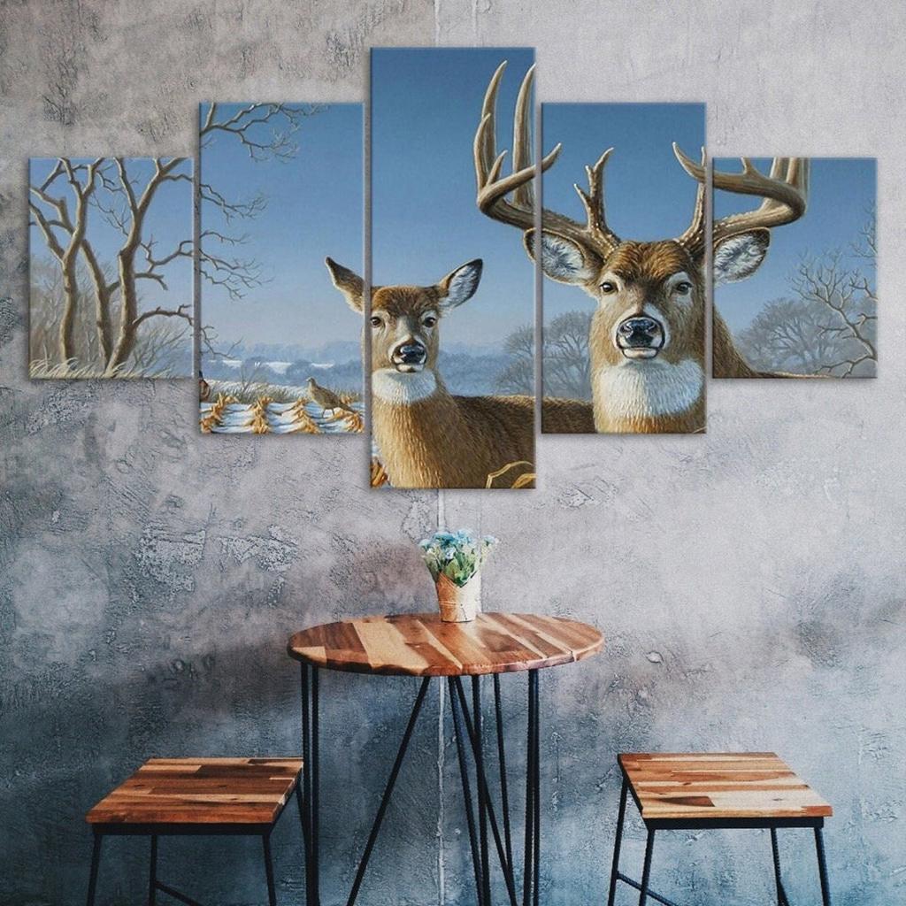 Deer Family Winter Scenery 5 Piece Five Panel Wall Canvas Print Modern Art Poster Picture Home Decor Gift For Him For Her
