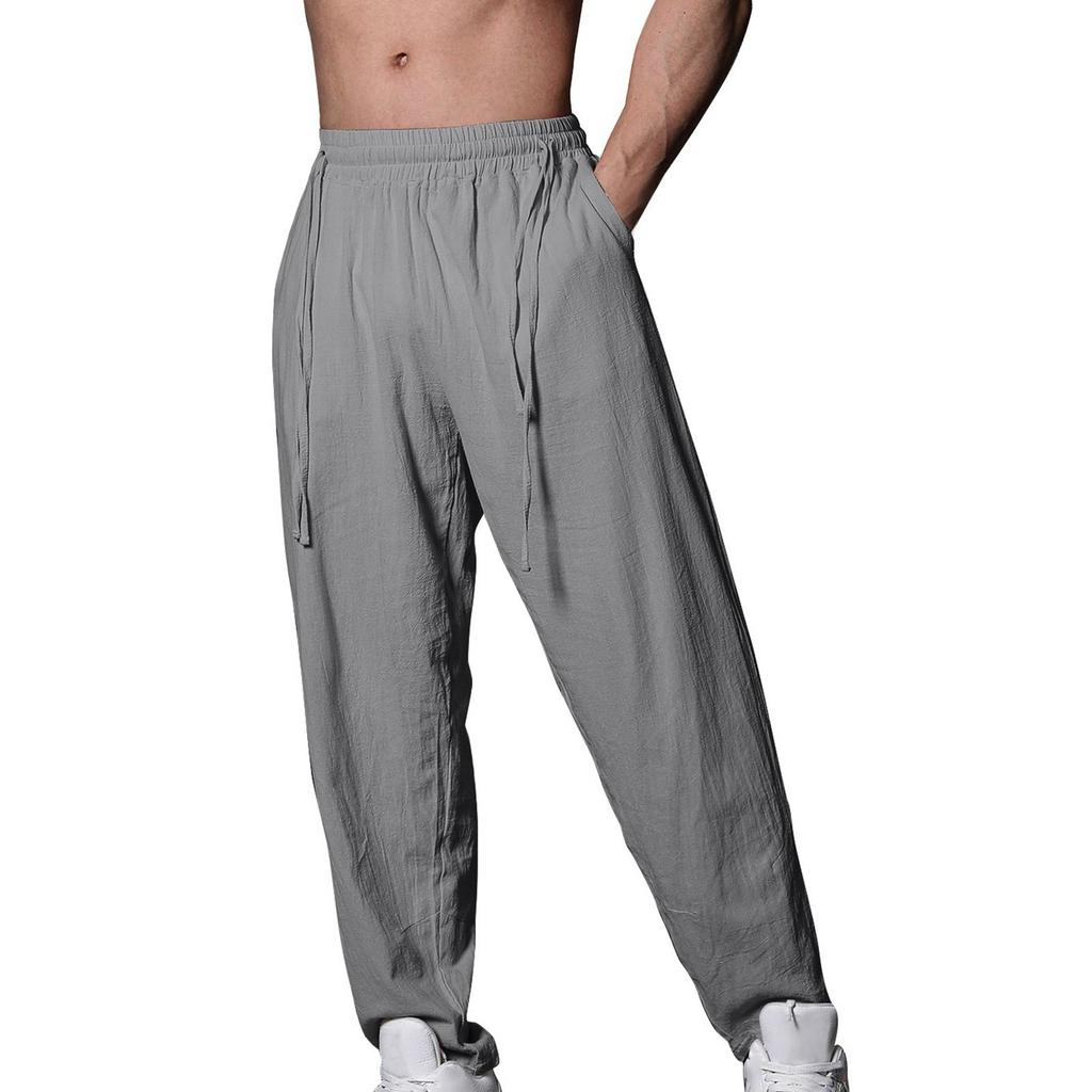 Мужские летние повседневные брюки на шнурке Мужские дышащие брюки из хлопка и льна