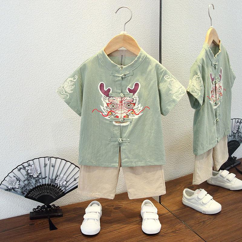 Летний костюм ханбок для мальчиков в стиле «цветение сливы», ретро-детский костюм в стиле Тан, летний костюм для мальчиков и детей в старинном стиле, из хлопка и льна, тонкая секция из пеньки в китайском стиле