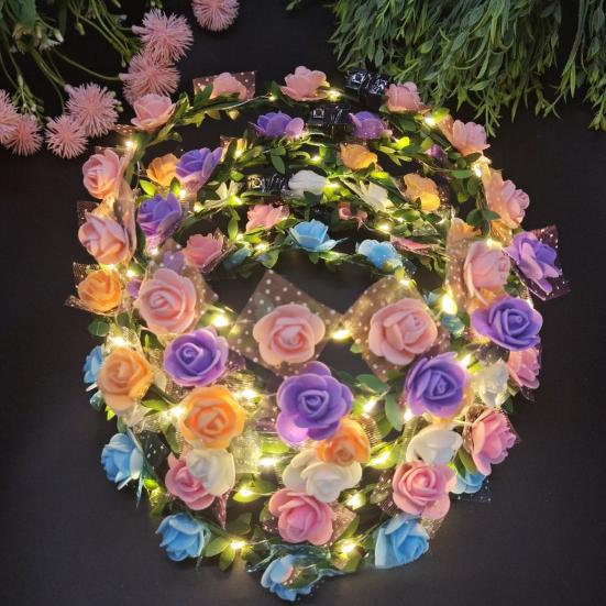 Романтический светящийся венок, светодиодный свет, розовые цветы, повязка для волос, головной убор, Свадебная вечеринка, вечеринка для девочек, светящаяся гирлянда для волос на день рождения