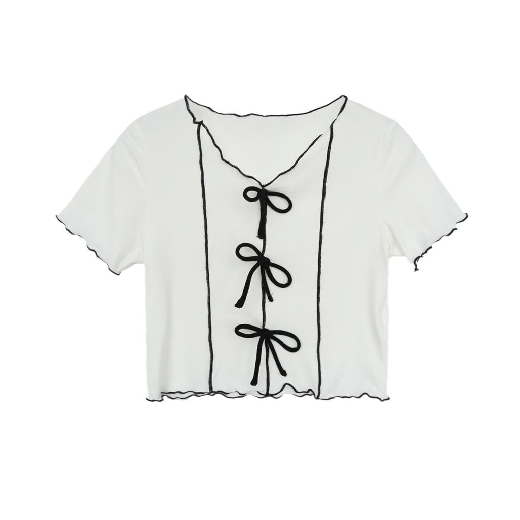 Футболка с короткими рукавами Bow Tie Wave Edge Color Collision, женская летняя, тонкая, с короткими секциями, маленькая рубашка, топы, повседневные, основные, облегающие, пуловеры, футболки