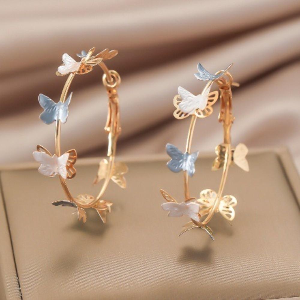 Creative Trendy Butterfly Hoop Earrings Elegant Oil Dripping Round Circle Earrings Geometry Metal Simple Statement Jewelry Women