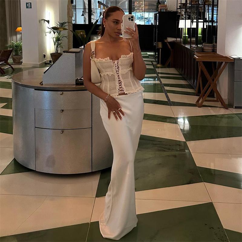 Черная атласная юбка-макси для женщин, высокая талия, кружевные боковые тонкие облегающие юбки-карандаши, женская элегантная клубная вечерние юбка