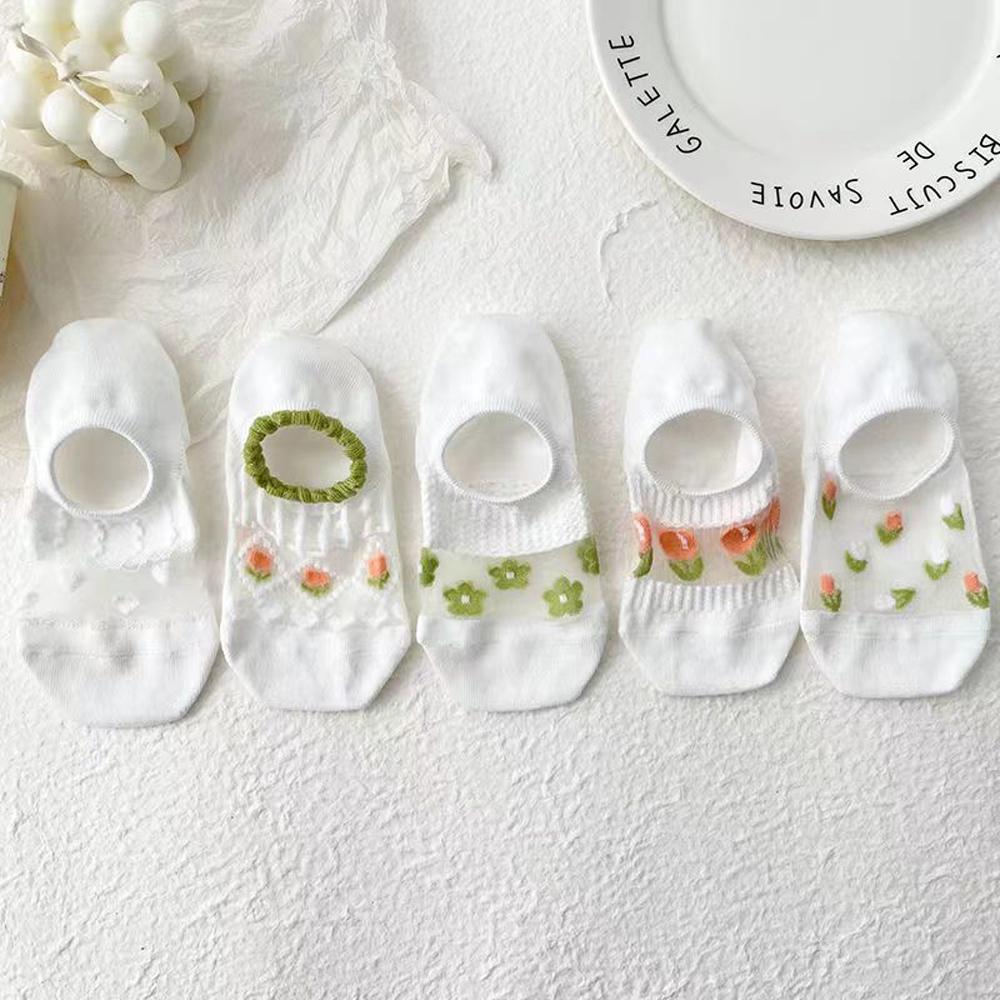 6 Pairs Women's Floral Mesh No-Show Socks Y2K Kawaii Lace Trim Breathable Ankle Socks With Harajuku Style Green Cute Boat Socks