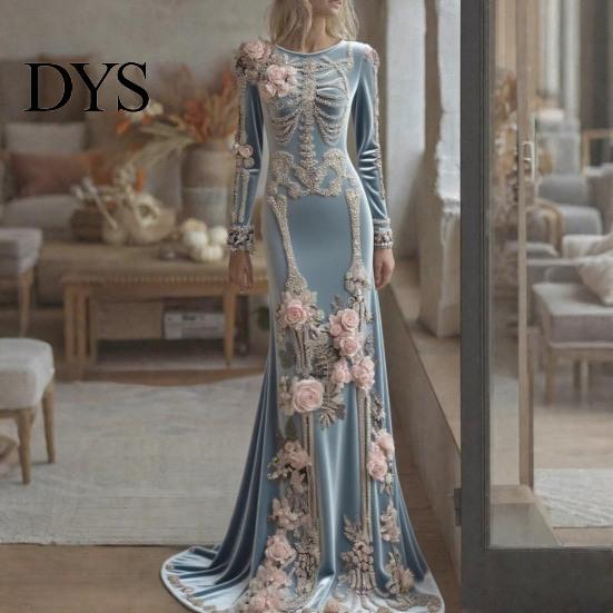 Floor Length Dress Women Skeleton Print Maxi Dress, Gothic Long Sleeve with Evening 3D Flower Decor, Velvet Floral for Halloween Costume Party