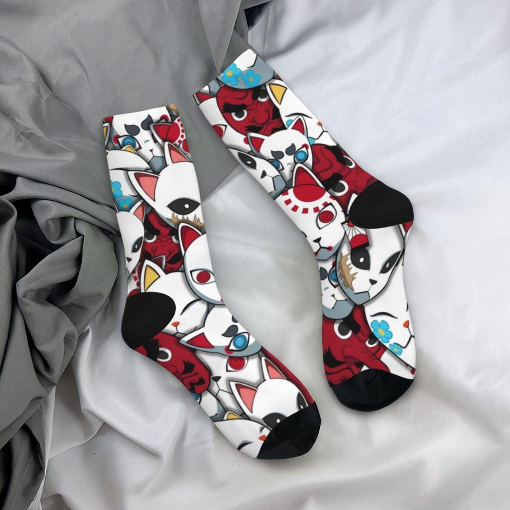 Носки с масками демонов, весенние чулки с принтом аниме, кавайные мужские носки высокого качества, графические велосипедные противоскользящие носки