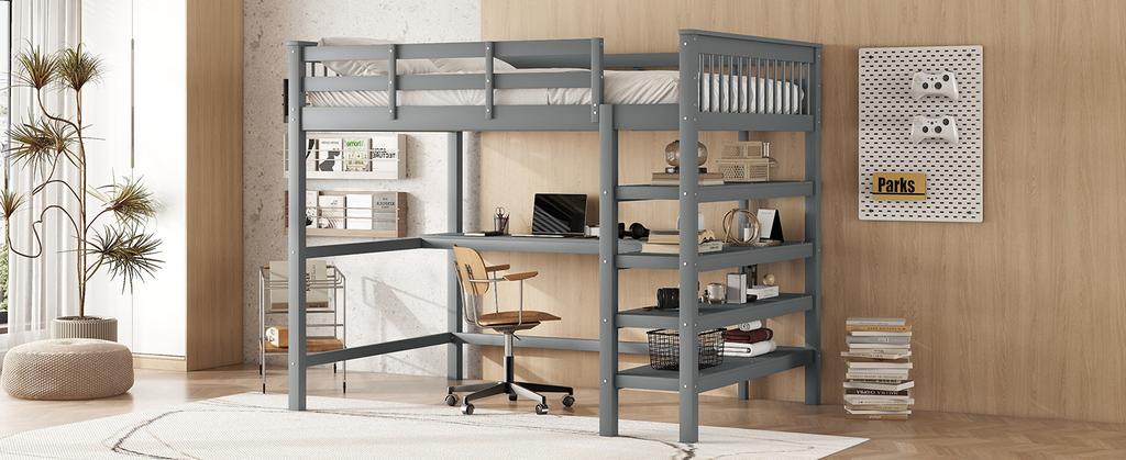 Loft bed, 140 x 200, children's loft bed with storage compartments and under-bed desk, without mattress, grey