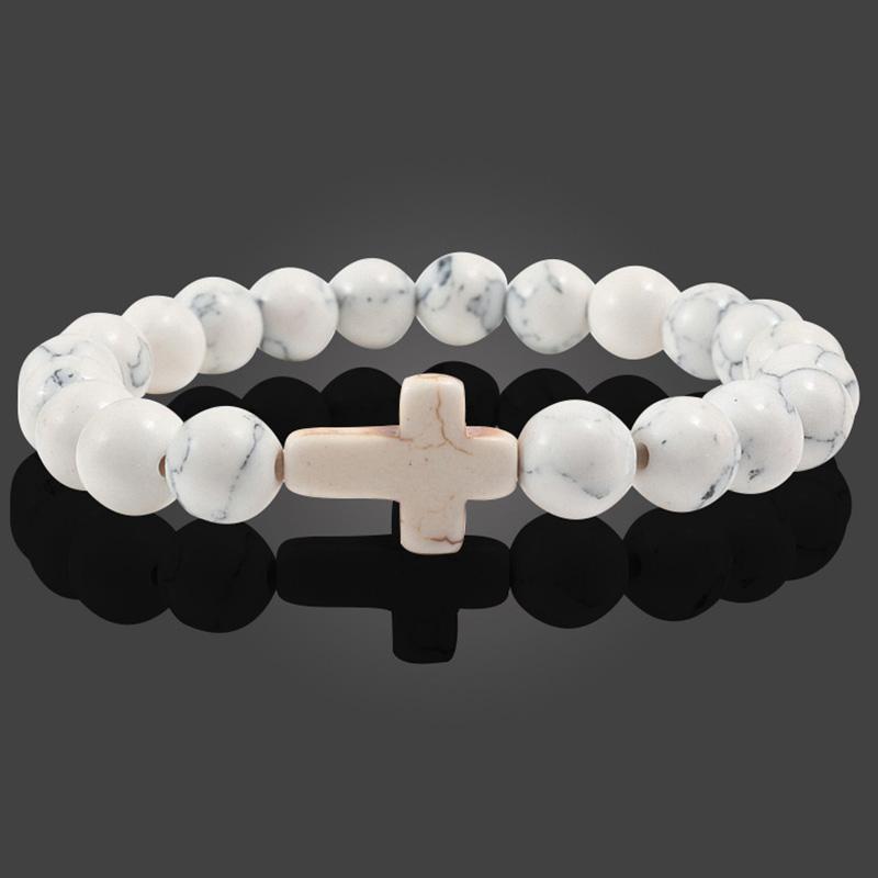 1PC Men Women Gift Cross Charm Beaded Bracelets Matte Bracelet Jewelry Handmade Natural Stone Prayer  Accessories