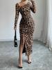 2025 Cross-Border Leopard Print Long Sleeve Slim Fit Casual Dress