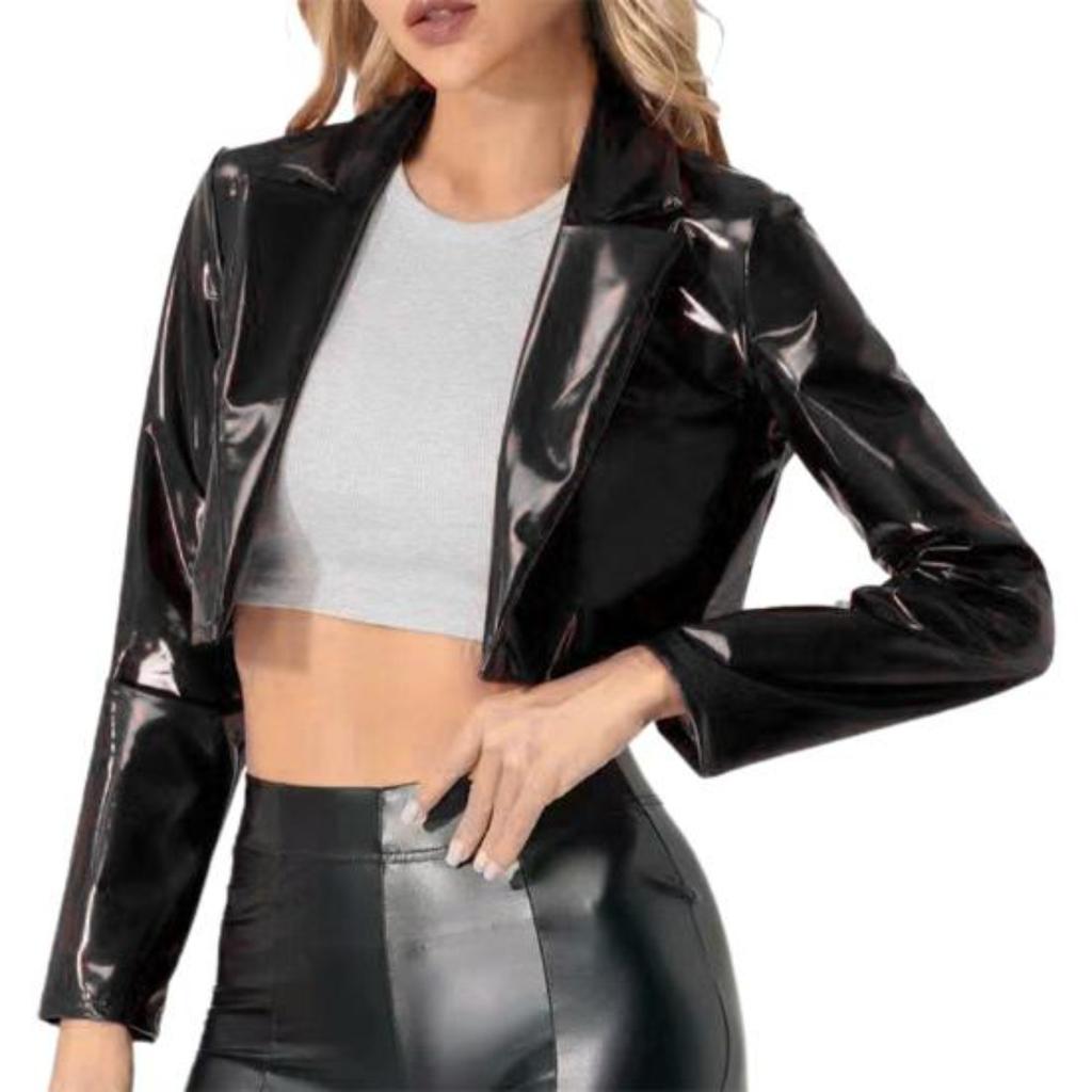 Glossy Faux Leather Women Cropped Coat Long Sleeve Solid Color Lapel Jacket Ladies Clubwear Cosplay Party Performance Festival Costume