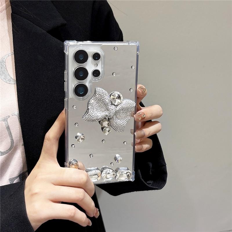 Bling Diamond Bow Mirror Makeup Case For Samsung Galaxy S25 Ultra S21 S22 S23 FE S24 Glitter Rhinestone Acrylic Shockproof Cover